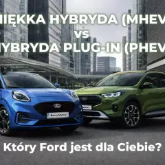 Niebieski Ford Puma MHEV i zielony Ford Kuga PHEV. Dowiedz się, co to phev i który Ford jest dla Ciebie.