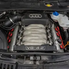 Potężny silnik wolnossący V8 4.2 Audi, z widocznym kolektorem dolotowym i cewkami zapłonowymi.