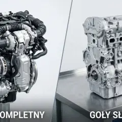 Kompletny silnik 2.0 TDI z turbosprężarką i osprzętem obok gołego bloku silnika.