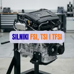 Silnik samochodowy na stojaku, z napisem "SILNIKI FSI, TSI I TFSI".