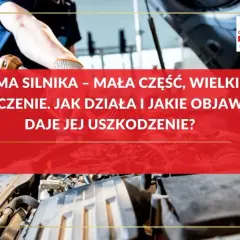 Mechanik bada silnik samochodu. Tekst informuje o odmie olejowej, jej znaczeniu i objawach uszkodzenia.