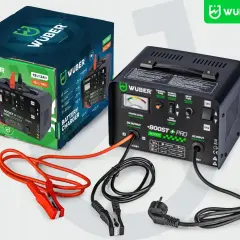 Ładowarka Wuber Boost Pro W14001 do ładowania akumulatora AGM, z kablem zasilającym i zaciskami.