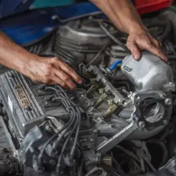 Mechanik pracuje przy silniku. Zbliżenie na dłonie i elementy silnika, w tym wtryskiwacze. Objawy zatarty silnik mogą być różne, ale ten widok sugeruje naprawę.