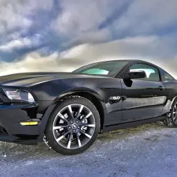 Czarny Ford Mustang GT 5.0 na śniegu. Tanie sportowe auta mogą wyglądać imponująco nawet w zimowej scenerii.