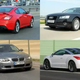 Sportowe auta do 50 tys.: czerwony Hyundai Genesis Coupe, czarne Audi A5, szare BMW Serii 3 i biały Peugeot RCZ na drodze.