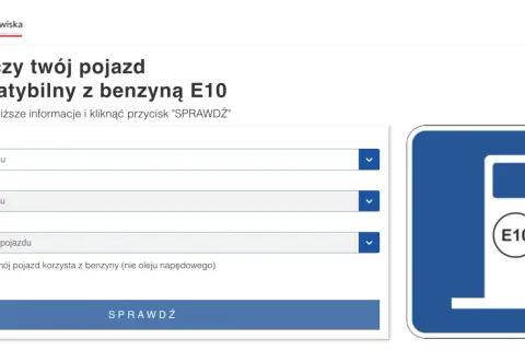 Strona Ministerstwa Klimatu i Środowiska pozwala sprawdzić kompatybilność pojazdu z benzyną E10. Widoczny symbol stacji paliw z napisem E10.