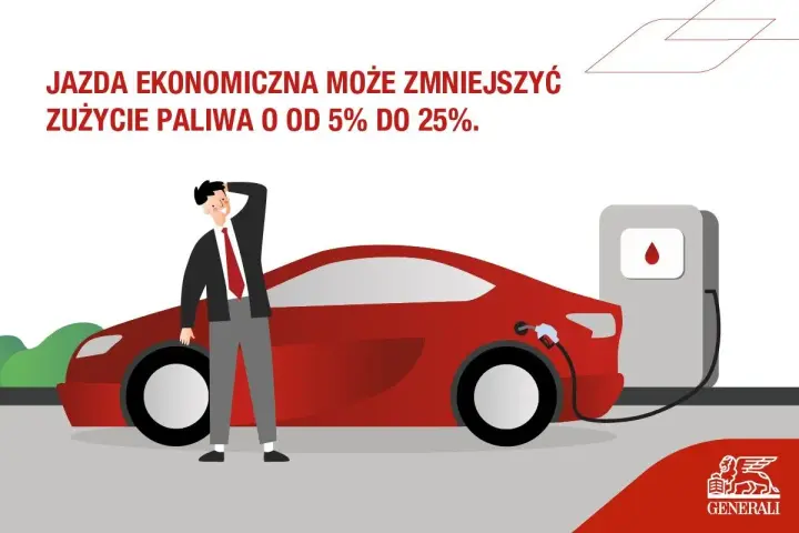 Mężczyzna przy czerwonym samochodzie na stacji paliw. Ekonomiczna jazda samochodem to oszczędność paliwa. Logo Generali.