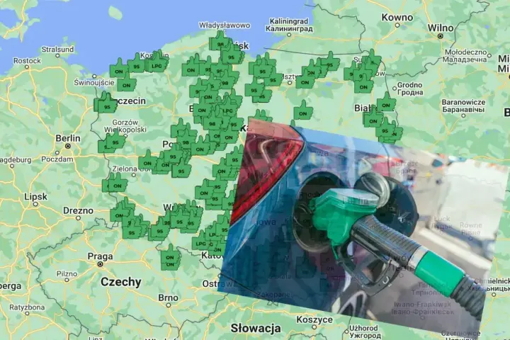 Mapa Polski i okolic z zaznaczonymi stacjami paliw. Widoczny jest dystrybutor paliwa, sugerujący podróż i tankowanie CNG i LPG.