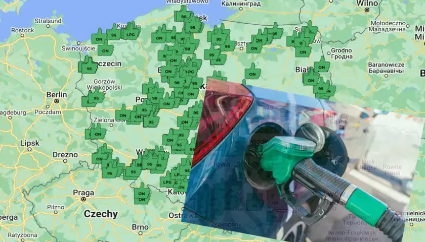 Mapa Polski i okolic z zaznaczonymi stacjami paliw. Widoczny jest dystrybutor paliwa, sugerujący podróż i tankowanie CNG i LPG.