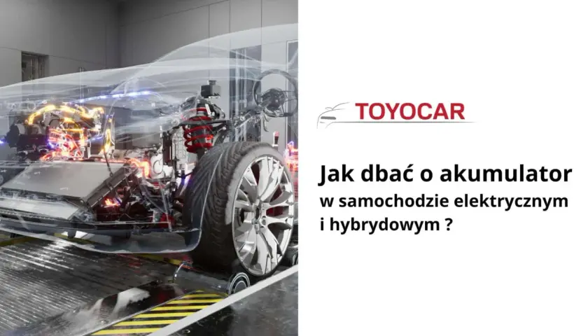 Przejrzysty schemat akumulatora w samochodzie elektrycznym (BEV) i hybrydowym. Logo Toyocar i tytuł "Jak dbać o akumulator w samochodzie elektrycznym i hybrydowym?".