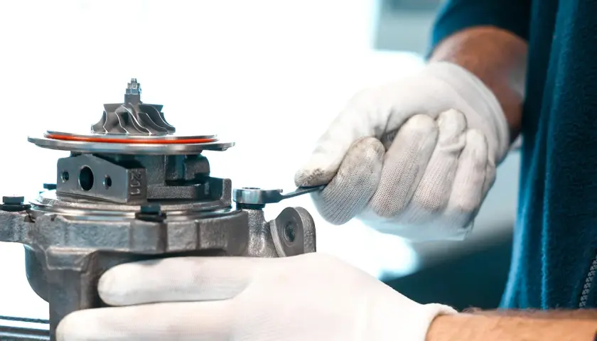 Mechanik w białych rękawiczkach dokręca śrubę przy turbosprężarce, być może regulując zawór N75.