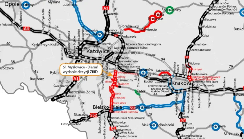 Mapa drogowa z zaznaczoną trasą S1, łączącą Mysłowice z Bieruniem i Oświęcimiem.