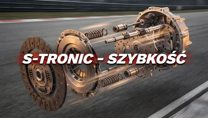 Rozłożony na części S-TRONIC, symbol szybkości i precyzji, na tle toru wyścigowego.