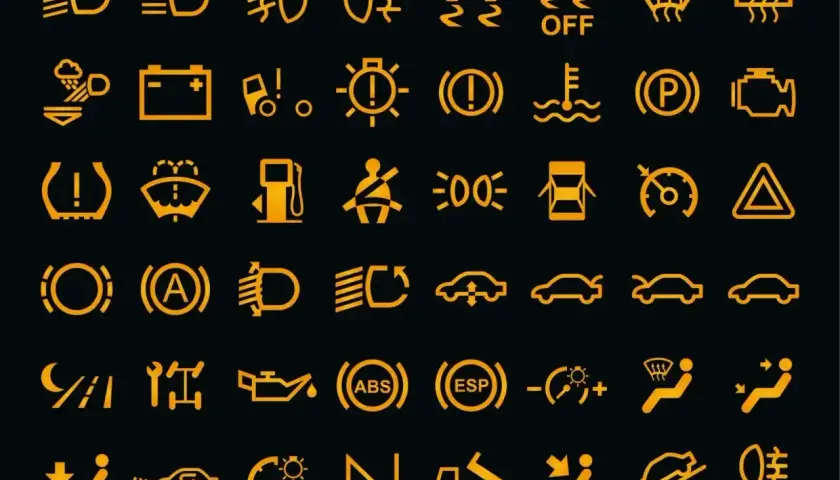 Żółta opis kontrolek na desce rozdzielczej: światła, akumulator, hamulec, silnik, ABS, ESP i inne.