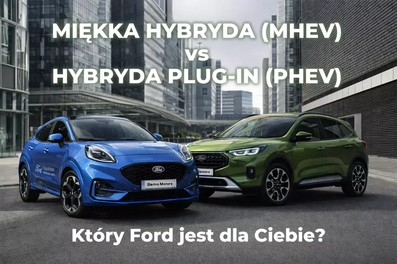 Niebieski Ford Puma MHEV i zielony Ford Kuga PHEV. Dowiedz się, co to phev i który Ford jest dla Ciebie.