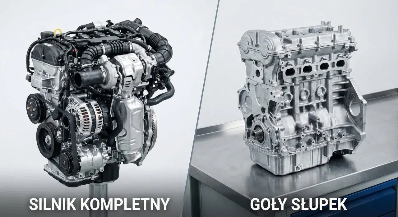 Kompletny silnik 2.0 TDI z turbosprężarką i osprzętem obok gołego bloku silnika.