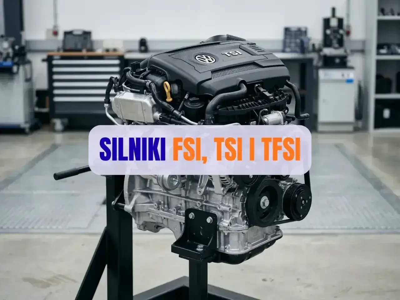 Silnik samochodowy na stojaku, z napisem "SILNIKI FSI, TSI I TFSI".