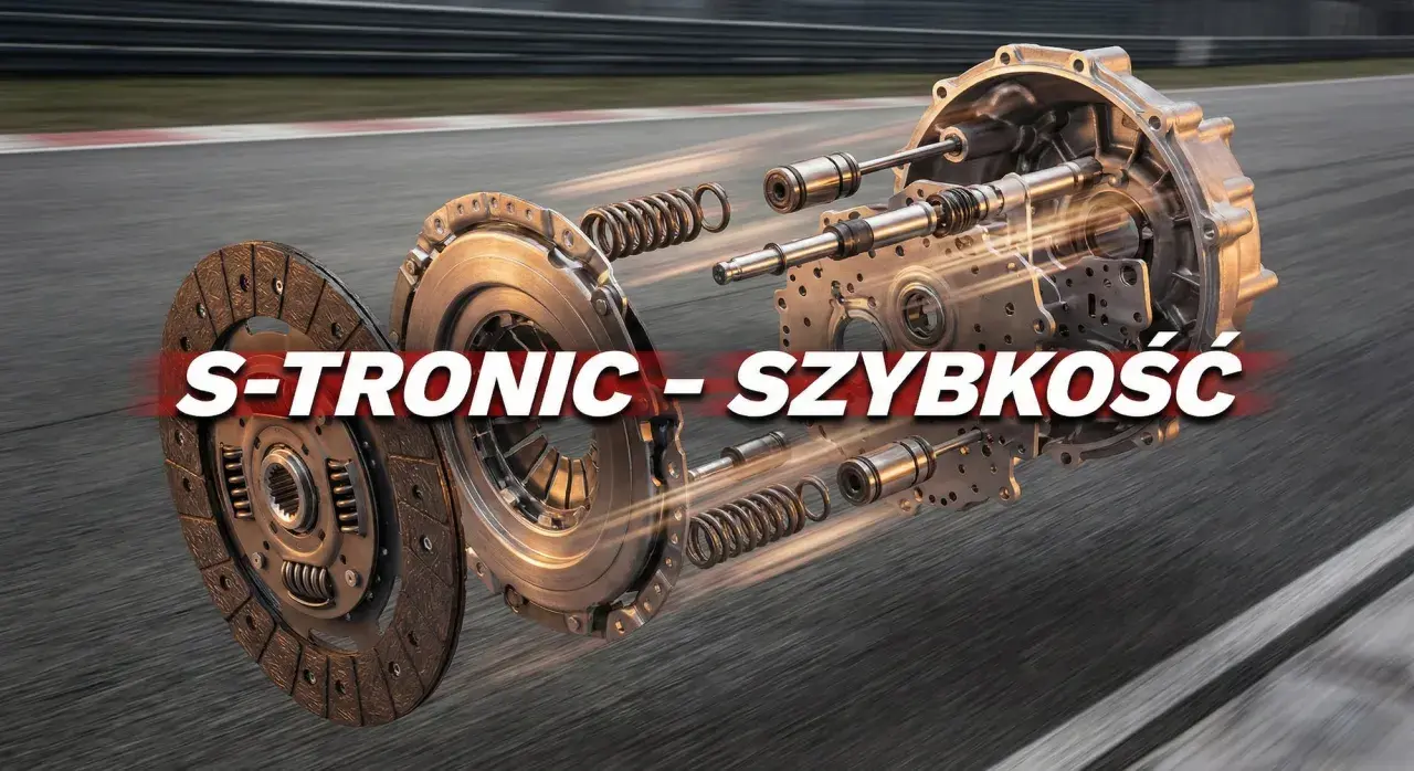 Rozłożony na części S-TRONIC, symbol szybkości i precyzji, na tle toru wyścigowego.