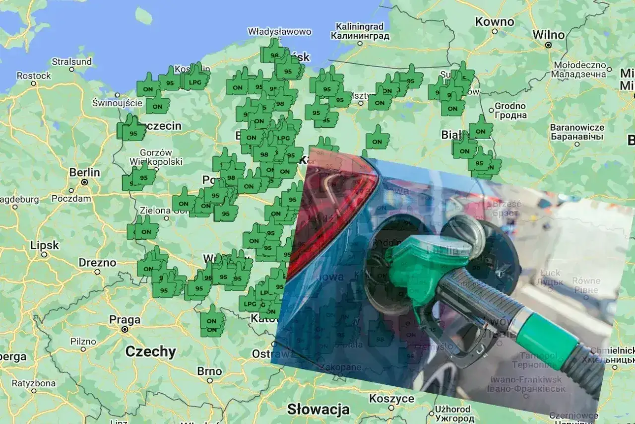 Mapa Polski z zaznaczonymi stacjami paliw. W tle widać dystrybutor paliwa, sugerując dostępność CNG i LPG.