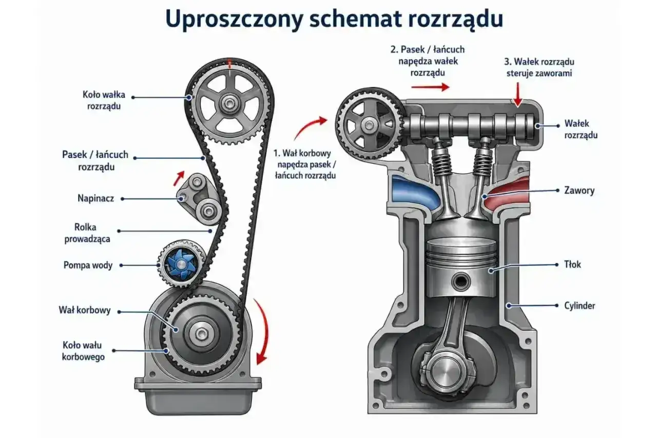 Uproszczony schemat rozrządu w aucie: pasek napędza wałek rozrządu, który steruje zaworami. Widoczny wał korbowy, napinacz i pompa wody.