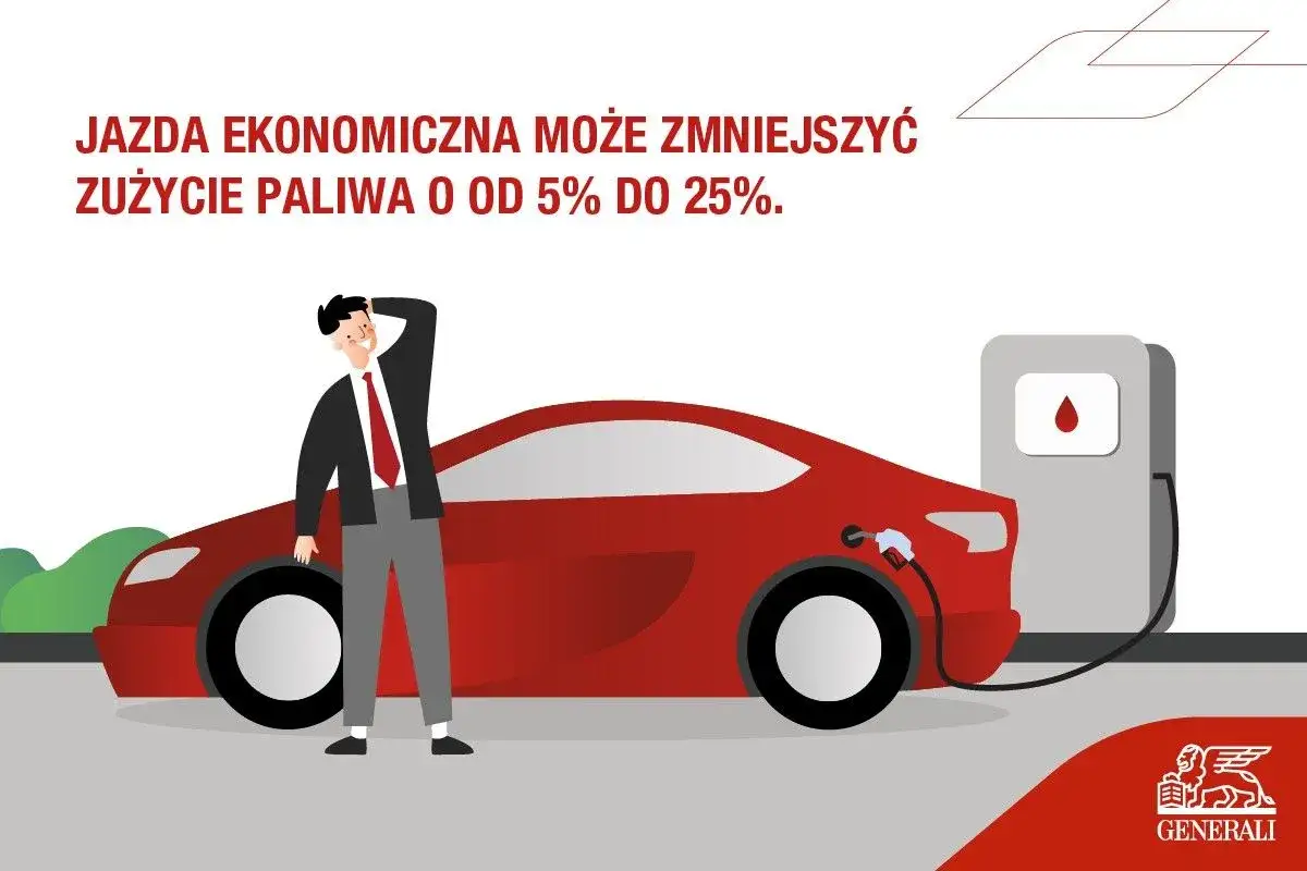Mężczyzna przy czerwonym samochodzie na stacji paliw. Ekonomiczna jazda samochodem to oszczędność paliwa. Logo Generali.