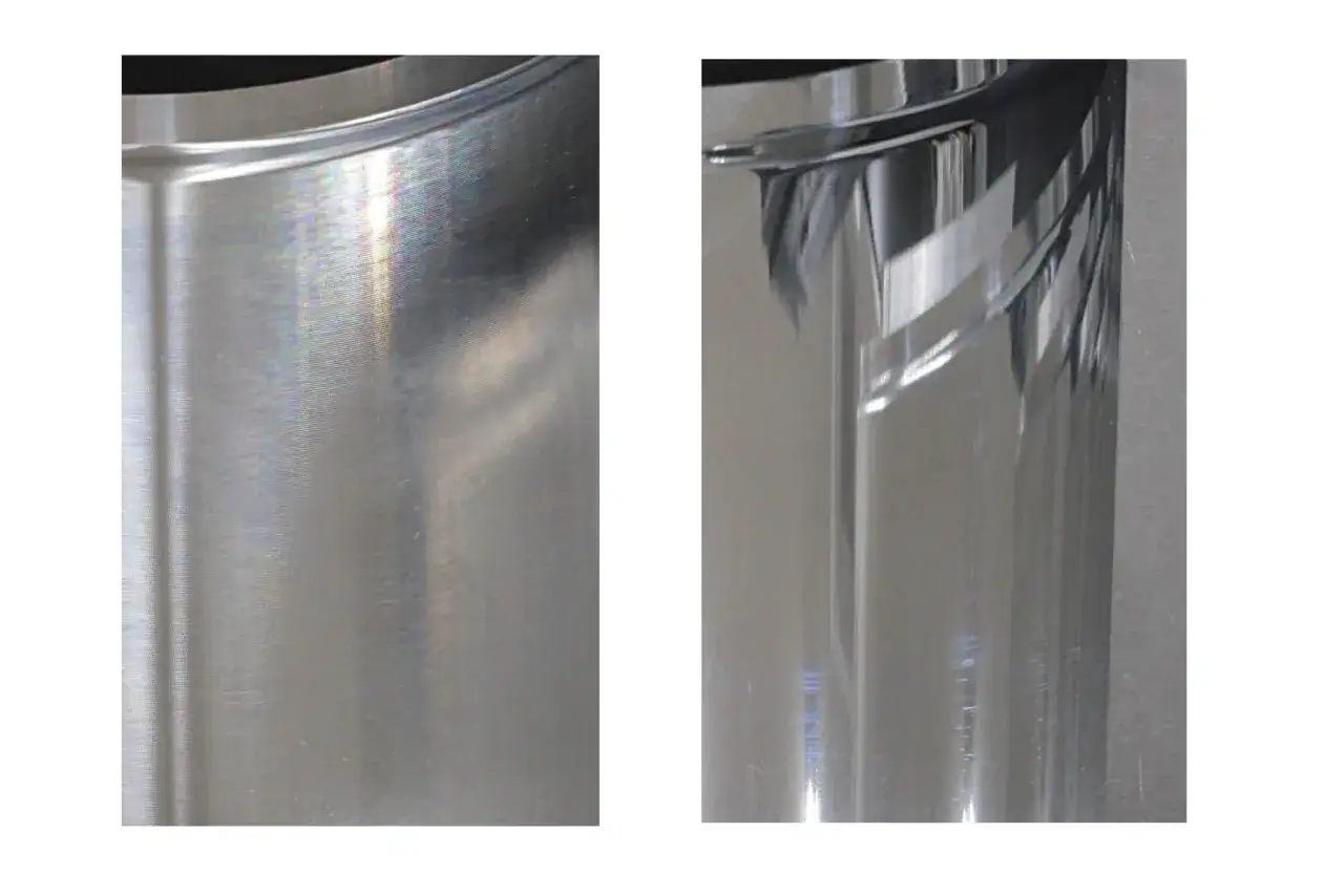Dwa fragmenty aluminium: jeden z widocznymi śladami po polerowaniu, drugi idealnie gładki i lśniący.