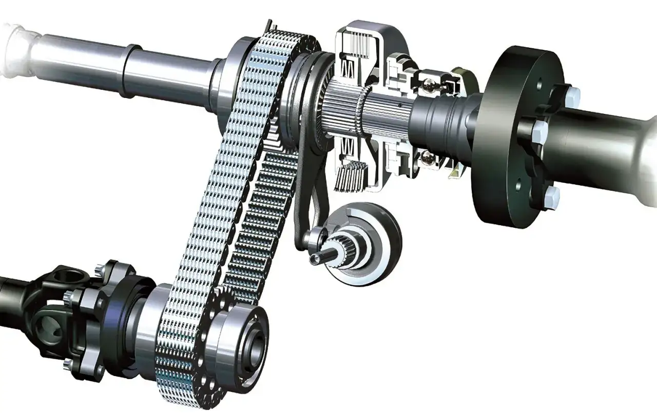 Przekładnia rozdzielcza z łańcuchem napędowym, element systemu Haldex, pokazuje złożoność mechanizmu przenoszenia napędu.