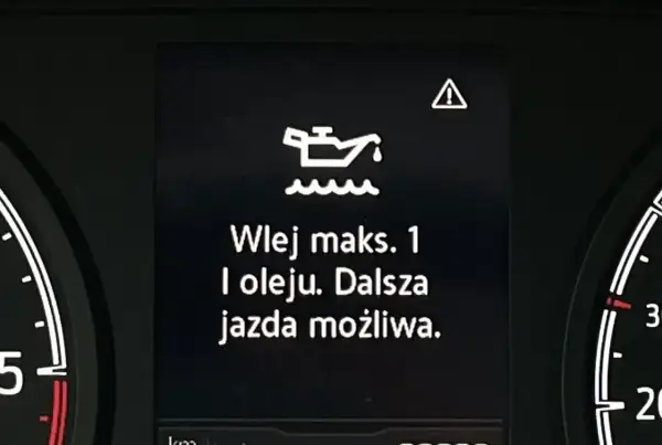 Kontrolka oleju świeci, informując o konieczności dolania maksymalnie 1 litra oleju. Dalsza jazda jest możliwa.
